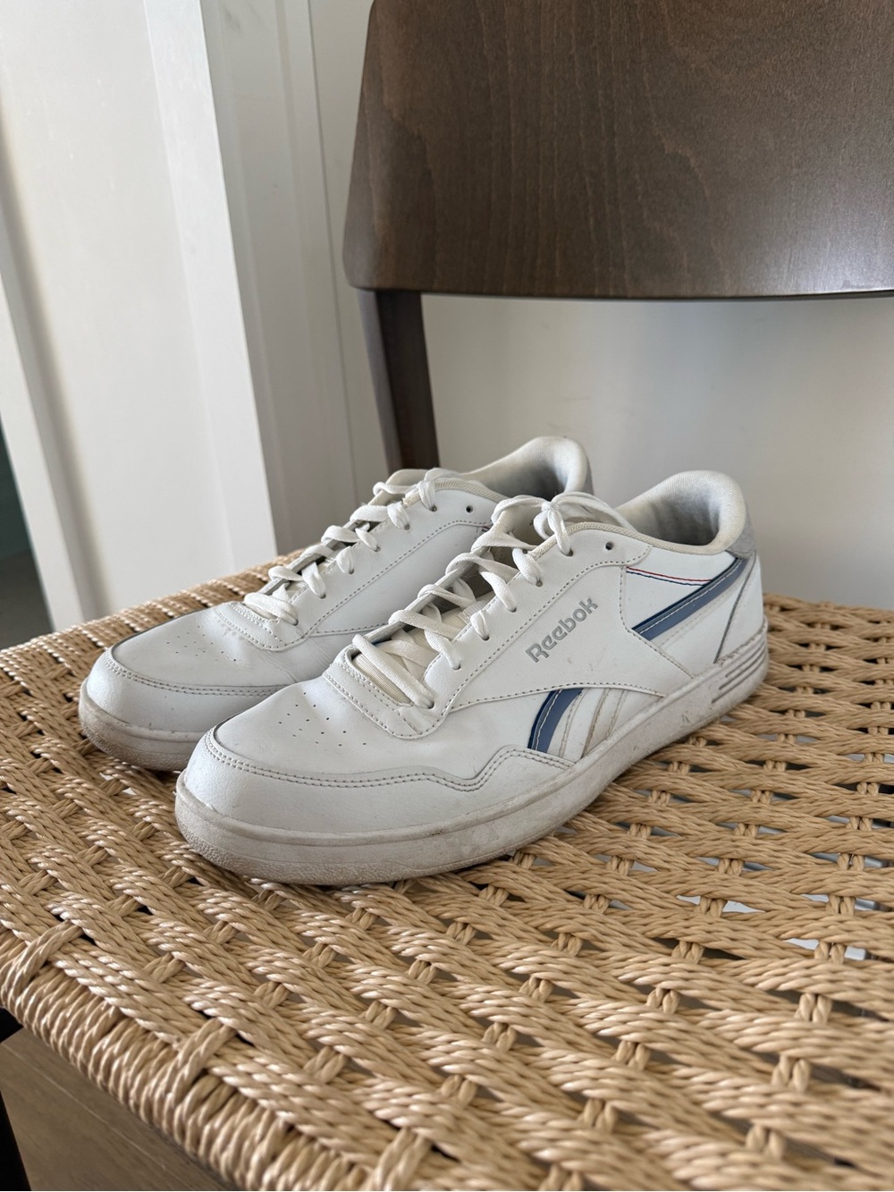 Reebok White Leather Sneakers with Blue Stripe Accents